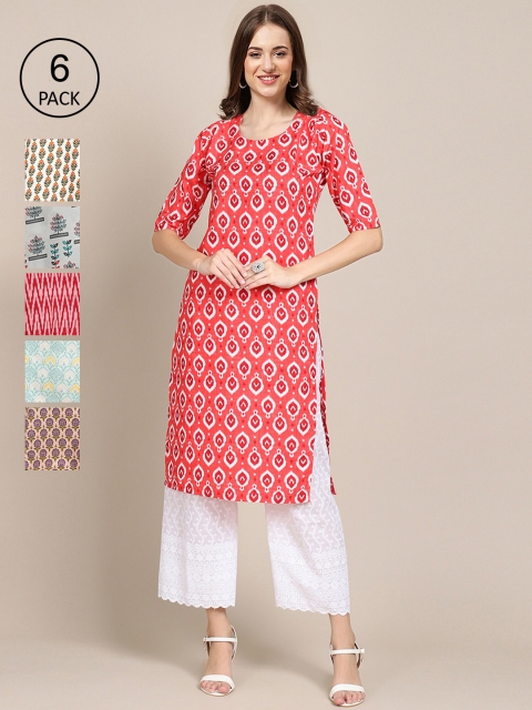 

KALINI Women Pack Of 6 Printed Crepe Straight Kurta, Pink