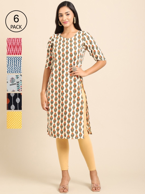 

KALINI Women Pack of 6 Digital Printed Crepe Straight Kurtas, Cream