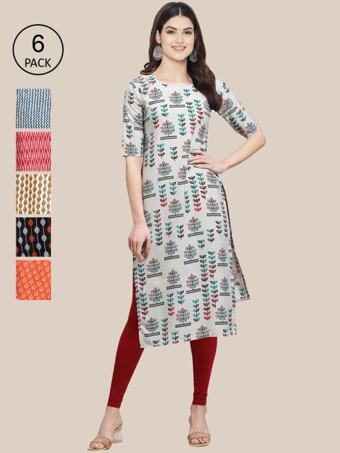 

KALINI Women Pack of 6 Ethnic Motifs Printed Summer Sheers Crepe Kurta, Orange