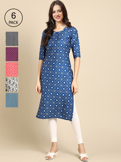

KALINI Women Pack of 6 Women Printed Straight Crepe Kurta, Multi