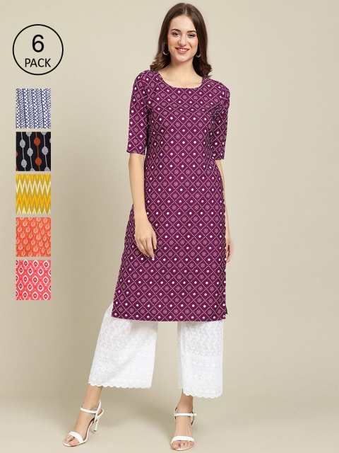 

KALINI Women Pack of 6 Geometric Printed Crepe Kurta, Yellow