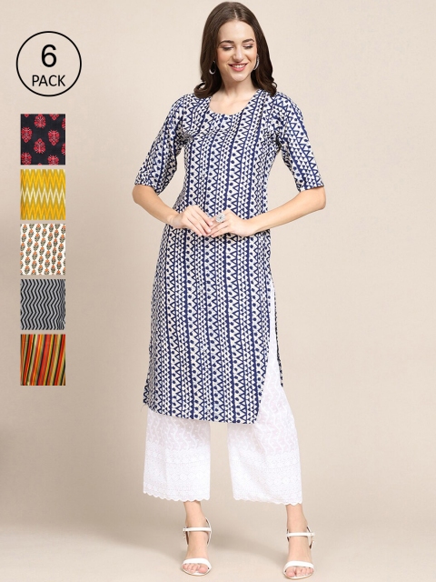 

KALINI Women Pack of 6 Printed Summer Sheers Crepe Kurta, Blue