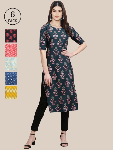 

KALINI Women Multicoloured Pack Of 6 Geometric Printed Crepe Kurta, Multi