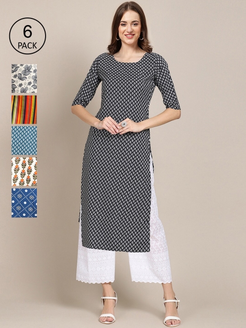 

KALINI Women Pack of 6 Women Printed Straight Crepe Kurta, Multi