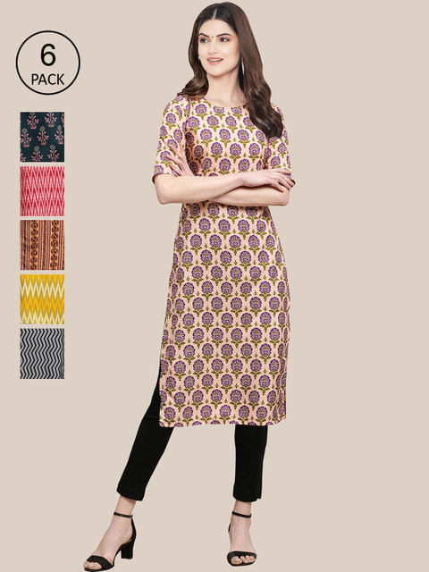 

KALINI Women Pack Of 6 Geometric Printed Summer Sheers Crepe Kurtas, Peach