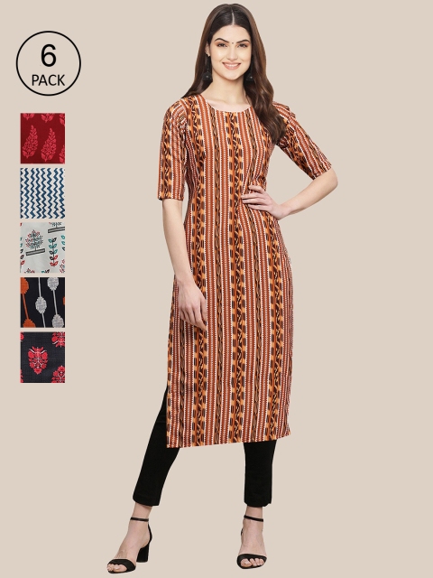 

KALINI Women Pack of 6 Digital Printed Crepe Straight Kurtas, Red