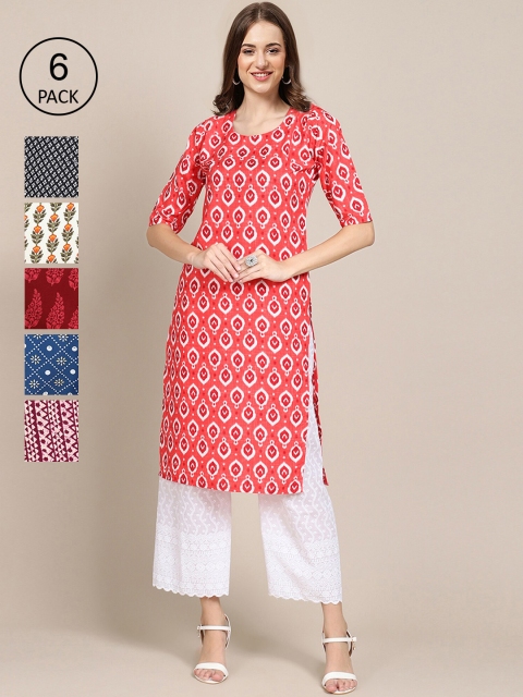 

KALINI Women Pack of 6 Printed Crepe Kurtas, Multi