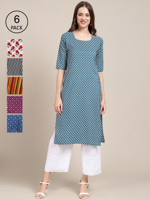 

KALINI Women Pack Of 6 Multicoloured Geometric Printed Crepe Kurta, Multi