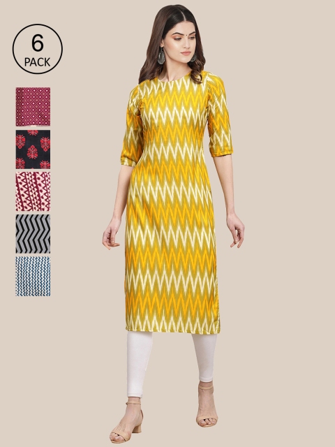 

KALINI Women Pack Of 6 Summer Sheers Crepe Kurta, Yellow