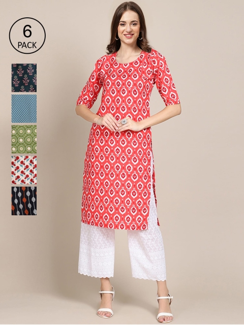 KALINI Women Pack Of 6 Geometric Printed Summer Sheers Crepe Kurtas, Red