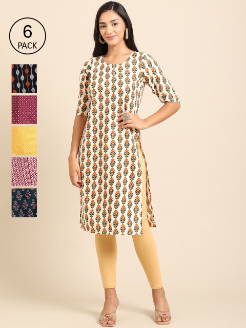 

KALINI Women Pack Of 6 Paisley Striped Crepe Kurta, Yellow