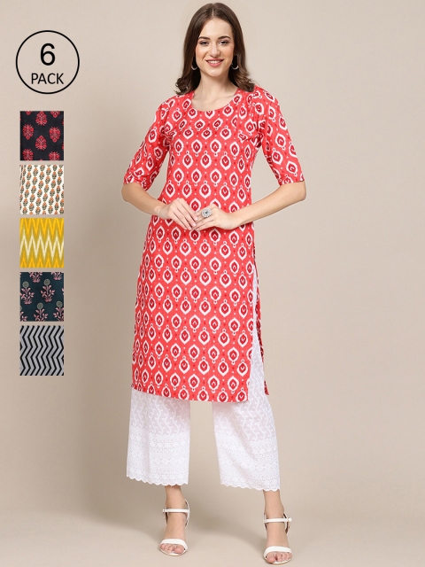 

KALINI Women Red & Blue Pack Of 6 Geometric Printed Summer Sheers Crepe Kurta