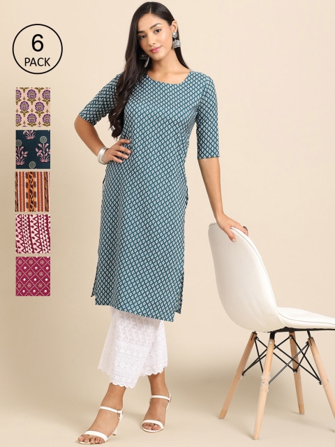 

KALINI Women Pack Of 6 Summer Sheers Crepe Kurta, Olive