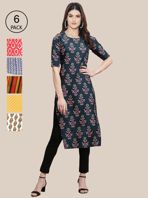 

KALINI Women Pack Of 6 Geometric Striped Thread Work Crepe Kurta, Multi