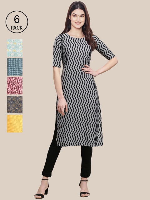

KALINI Women Pack of 6 Digital Printed Crepe Straight Kurtas, Multi