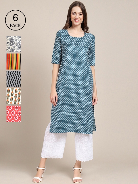 

KALINI Women Pack of 6 Blue & White Floral Printed Summer Sheers Crepe Kurta