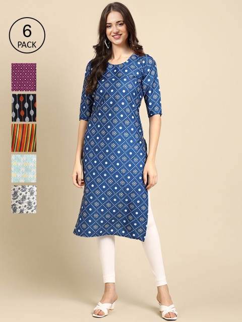 

KALINI Women Blue & Red Pack Of 6 Geometric Printed Summer Sheers Crepe Kurta