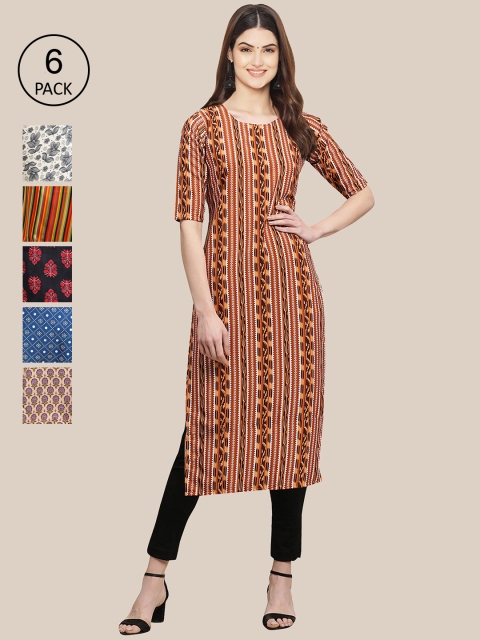 

KALINI Women Pack Of 6 Multicoloured Geometric Printed Crepe Kurta, Multi