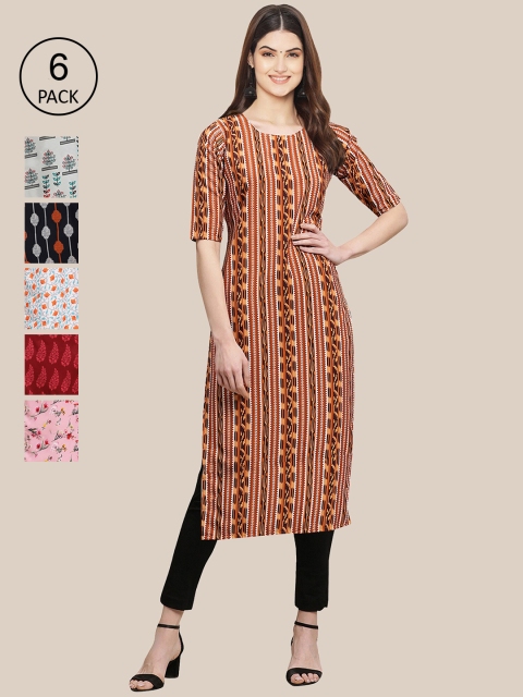 

KALINI Women Pack of 6 Printed Crepe Kurtas, Multi