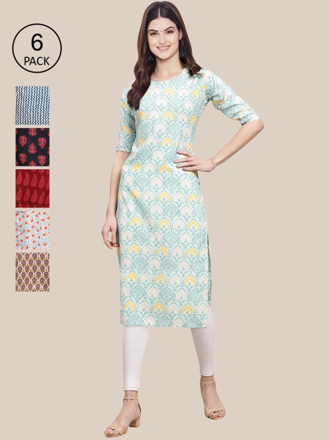 

KALINI Women Sea Pack of 6 Geometric Printed Crepe Kurta, Sea green