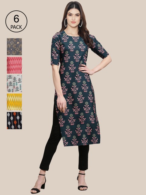 

KALINI Women Pack of 6 Digital Printed Crepe Straight Kurtas, Green