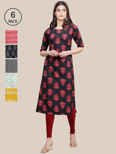 

KALINI Women Black & Red Pack of 6 Floral Printed Crepe Kurtas