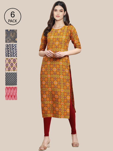 

KALINI Women Pack Of 6 Printed Crepe Kurta, Mustard