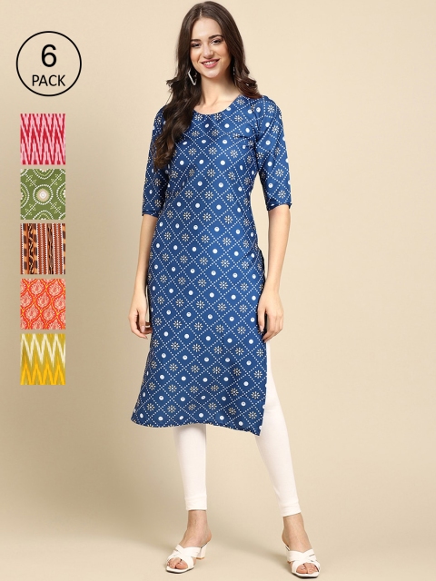 

KALINI Women Blue And Yellow Summer Sheers Crepe Kurta [PACK OF 6]