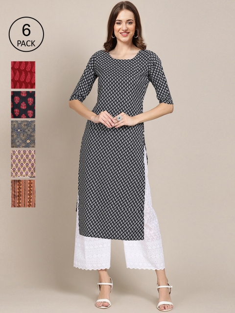 

KALINI Women Pack of 6 Geometric Printed Summer Sheers Crepe Kurta, Blue