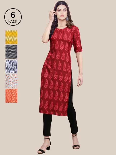 

KALINI Pack Of 6 Women Printed Straight Crepe Kurta, Blue