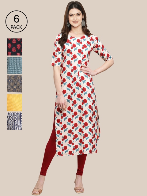 

KALINI Women Set Of 6 White & Yellow Floral Printed Crepe Kurta