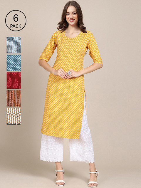 

KALINI Women Pack of 6 Women Printed Straight Crepe Kurta, Multi