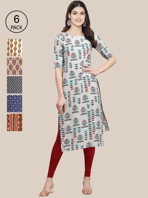 

KALINI Women Pack Of 6 Floral Printed Crepe Kurta, Multi