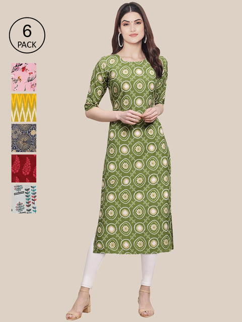 

KALINI Women Pack of 6 Ethnic Motifs Printed Crepe Kurta, Multi