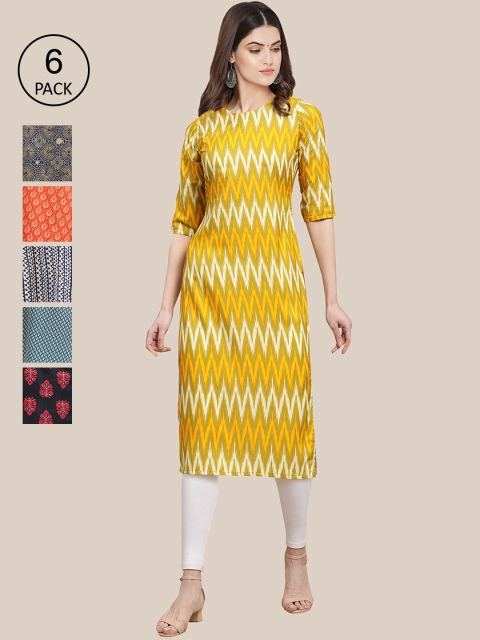 

KALINI Women Pack Of 6 Geometric Printed Summer Sheers Crepe Kurtas, Yellow