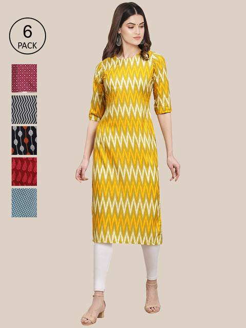 

KALINI Women Multicoloured Pack Of 6 Geometric Printed Crepe Kurta, Multi
