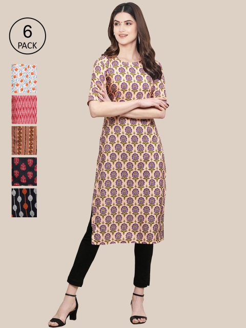 

KALINI Women Pack Of 6 Summer Sheers Crepe Kurta, Black