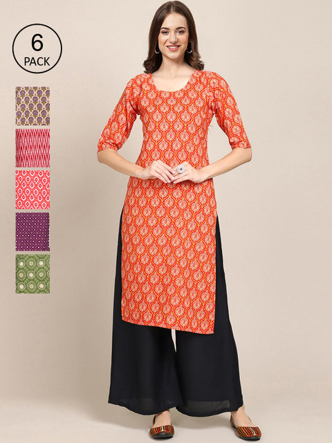 

KALINI Women Pack Of 6 Geometric Printed Block Print Crepe Kurta, Orange