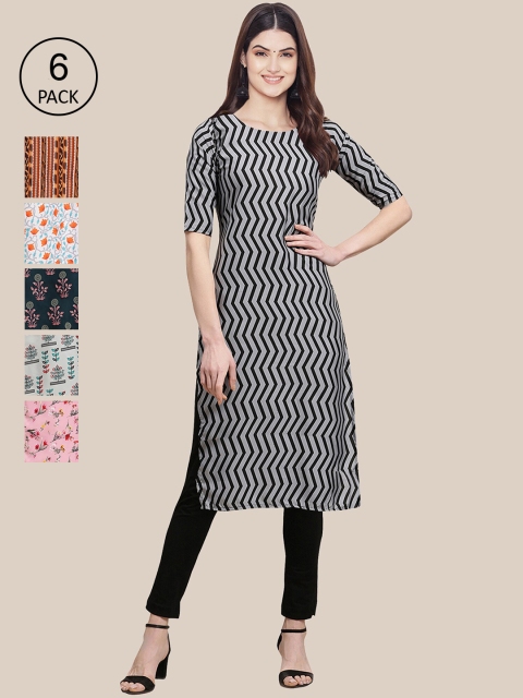 KALINI Women Pack Of 6 Geometric Striped Thread Work Crepe Kurta, Multi
