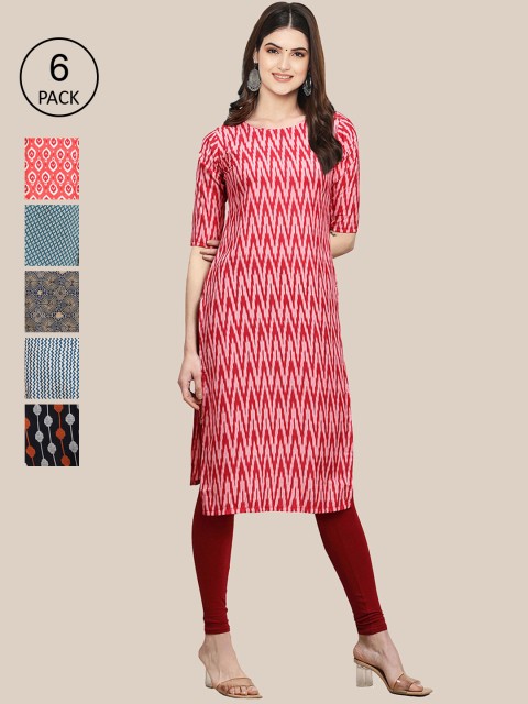 

KALINI Women Pack of 6 Printed Summer Sheers Crepe Kurta, Black