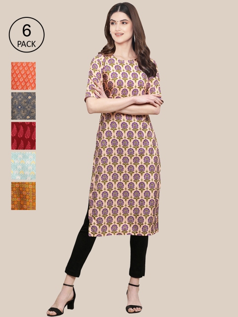

KALINI Women Pack of 6 Digital Printed Crepe Straight Kurtas, Red