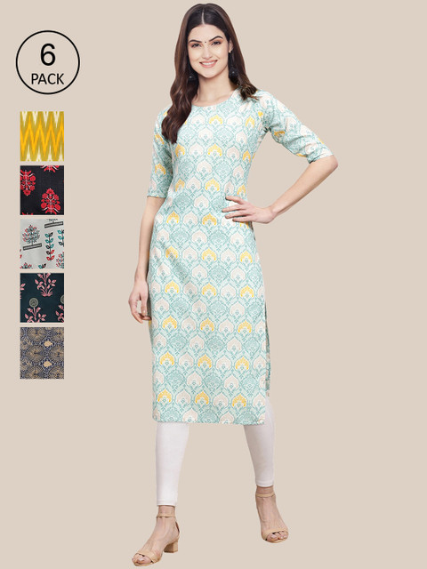 

KALINI Women Pack of 6 Women Printed Straight Crepe Kurta, Multi
