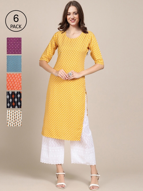 

KALINI Women Pack Of 6 Geometric Printed Crepe Kurta, Multi