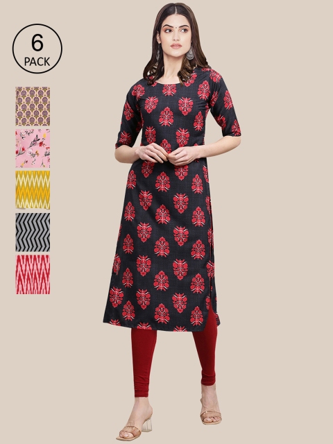 

KALINI Women Pack of 6 Ethnic Motifs Printed Crepe Kurta, Multi