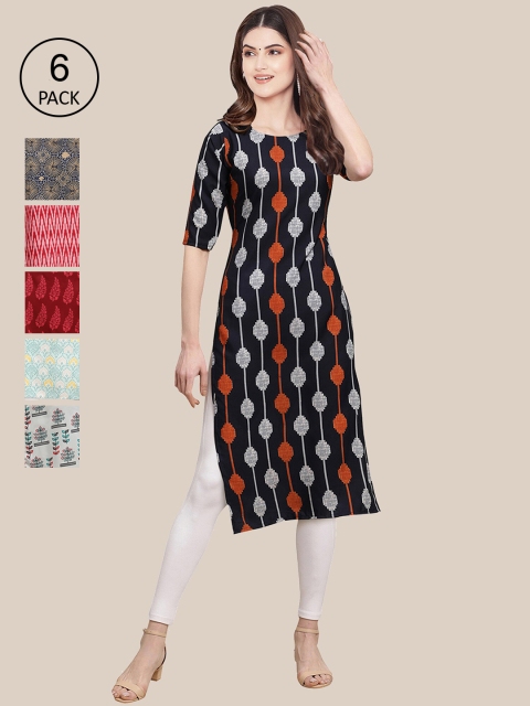 

KALINI Women Pack Of 6 Ethnic Motifs Printed Summer Sheers Crepe Kurtas, Black