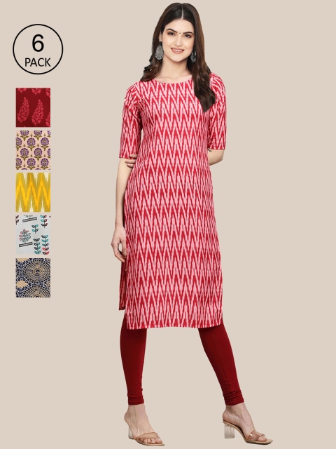 

KALINI Pack of 6 Women Red & Yellow Geometric Striped Summer Sheers Crepe Kurta