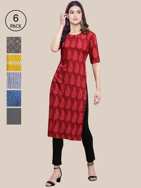 

KALINI Women Pack Of 6 Printed Crepe Kurta, Maroon