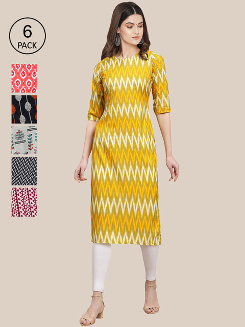 

KALINI Women Pack of 6 Yellow & Black Ethnic Motifs Printed Crepe Kurta
