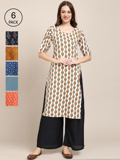 

KALINI Women Pack Of 6 Ethnic Motifs Printed Crepe Kurta, Multi