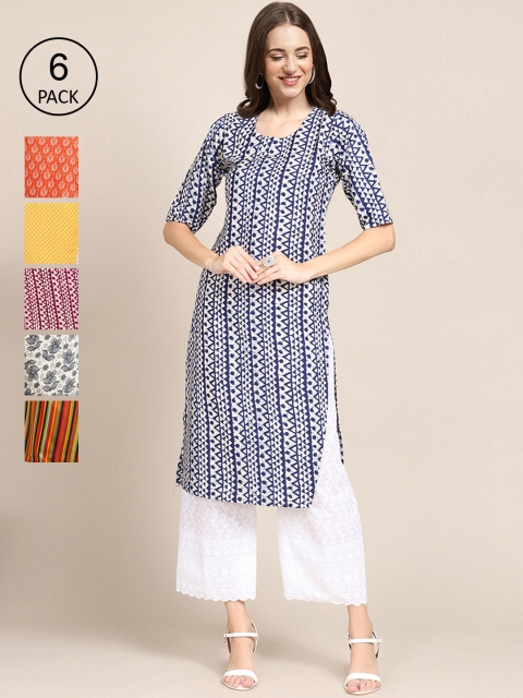 

KALINI Women Pack of 6 Ethnic Motifs Printed Crepe Kurta, Multi